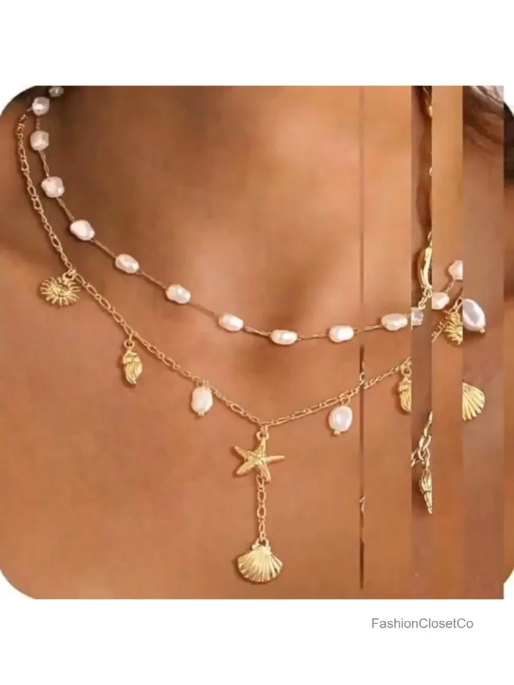 14K Gold Plated Layered Shell & Pearl Necklace Set for Women Stackable Beach